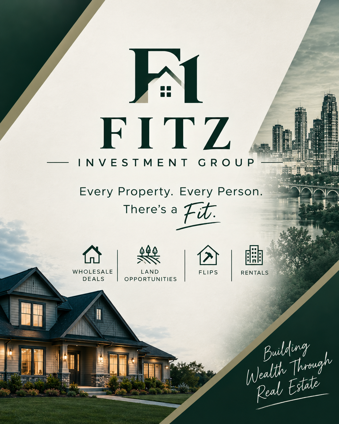 Fitz Investment Group — Every Property. Every Person. There's a Fit. Wholesale deals, land opportunities, flips, and rentals.