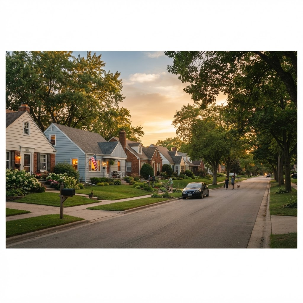 A quiet residential neighborhood at golden hour
